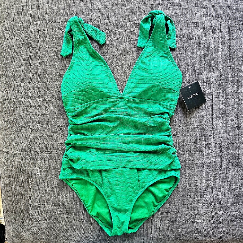 Ellen Tracy Women Green Ruched Tummy control Shoulder Ties One Piece Swimsuit 12